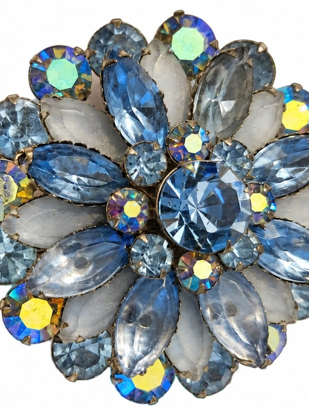 Vintage Blue Tiered Rhinestone Floral Brooch – 2¼